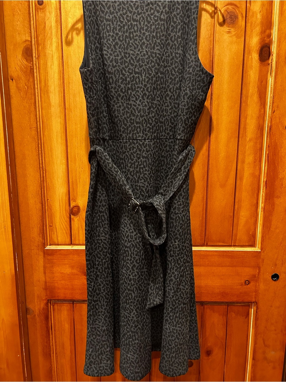 Anne Klein Charcoal Black Leopard-Print Sleeveless Belted Dress